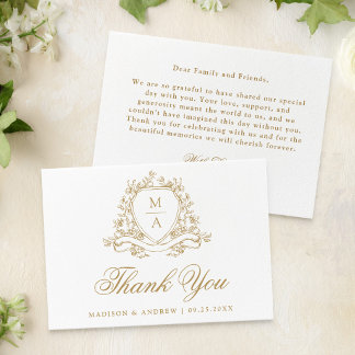 Carte De Remerciements Élégant Blason Floral Doré Monogramme Mariage