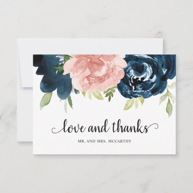 Carte De Remerciements Elégant bleu bleu marine bleu Mariage floral (Devant)