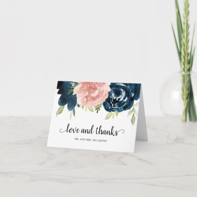 Carte De Remerciements Elégant bleu bleu marine bleu Mariage floral (Devant)