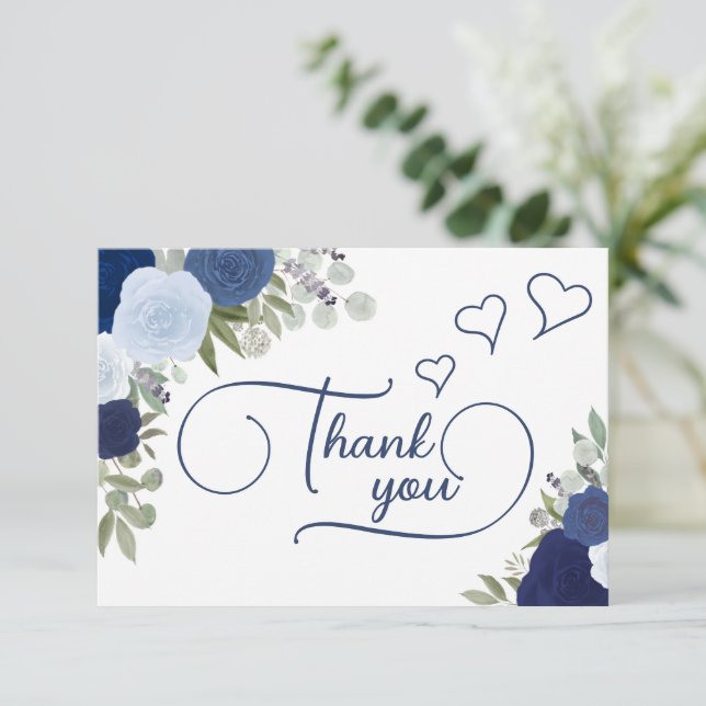 Carte De Remerciements Élégant Bleu Bohème Chic Roses Fête de Mariage (Debout devant)