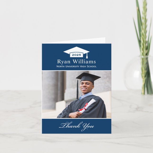 Carte De Remerciements Elégant bleu de la marine Photo de graduation pers (Devant)