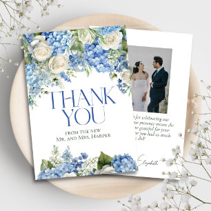 Carte De Remerciements Elégant bleu Hydrangea Roses blanches Mariage flor