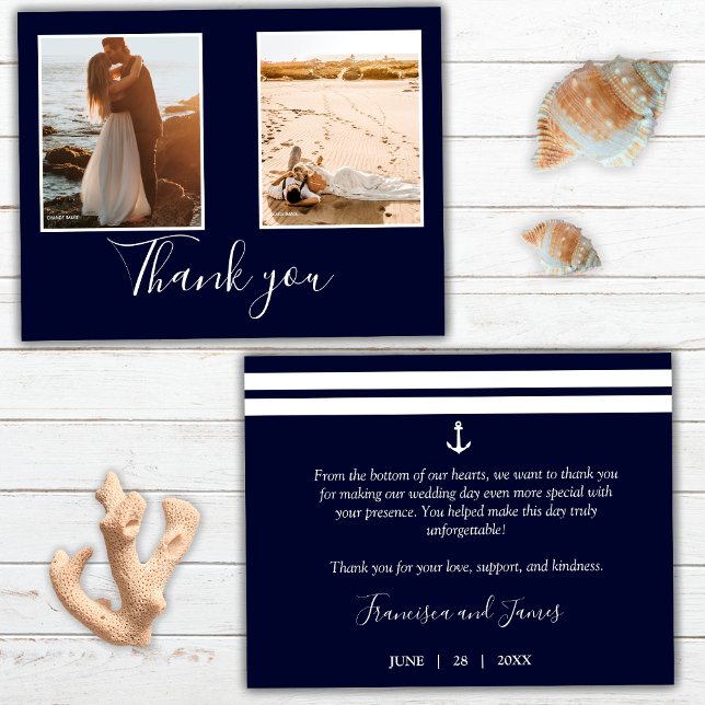 Carte De Remerciements Élégant bleu marine Ancre nautique photo Mariage (Front and Back)