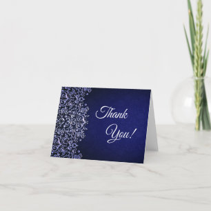 Carte De Remerciements Elégant bleu marine et blanc Damas