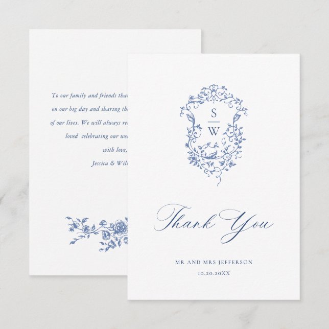 Carte De Remerciements Elégant Bleu Rose Jardin Floral Mariage (Devant / Derrière)