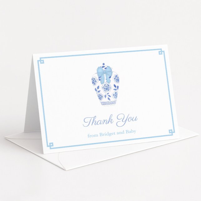 Carte De Remerciements Elégant Bleu Ruban Ginger Jar Baby Boy Douche (Ginger jar with pale blue bow baby boy shower or wedding shower thank you cards)