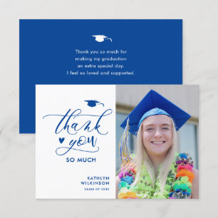 Carte De Remerciements Élégant Bleu Script Minimaliste Photo Graduation