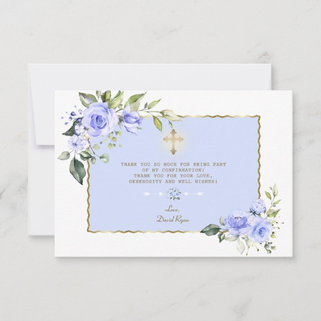 Carte De Remerciements Elégant Blue Floral Gold Cross Boy Confirmation (Devant)