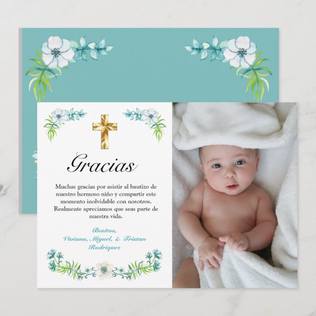 Carte De Remerciements Elégant Blue Floral Gold Cross Espagne Baptême (Devant / Derrière)