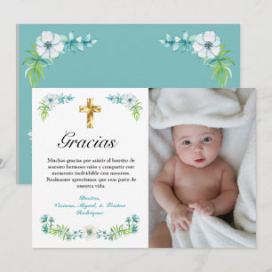 Carte De Remerciements Elégant Blue Floral Gold Cross Espagne Baptême