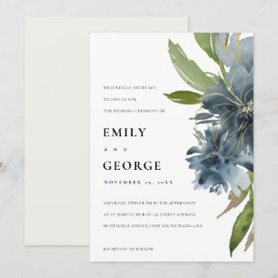 CARTE DE REMERCIEMENTS ÉLÉGANT BLUE VERT OR FLORAL MARIAGE INVITER