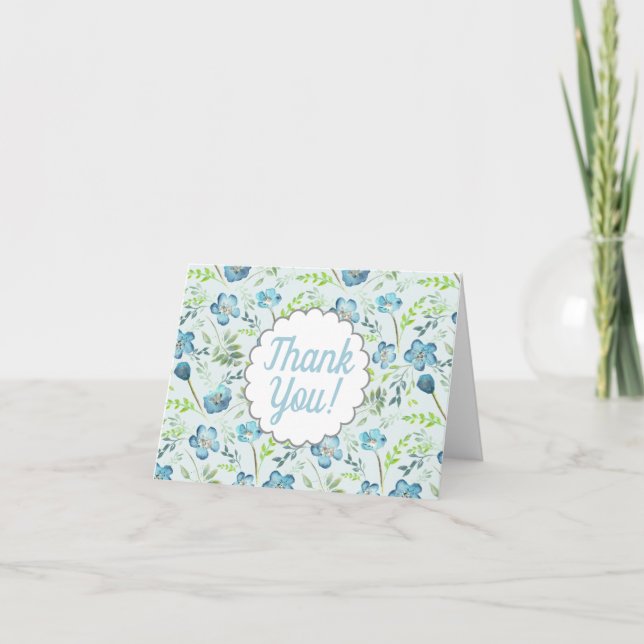 Carte De Remerciements Elégant Boho bleu vert Aquarelle Fleurs (Devant)
