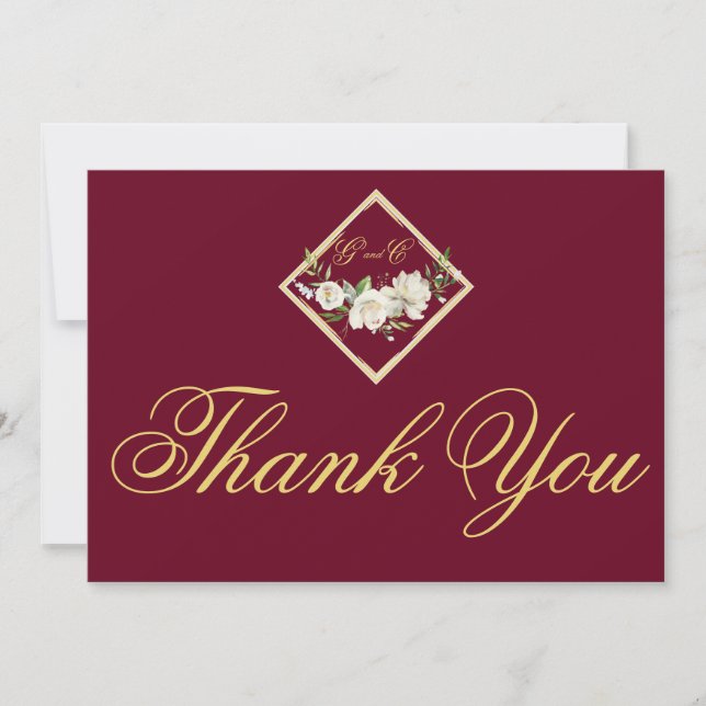 Carte De Remerciements Élégant Boho Bourgogne Floral Mariage Monogramme (Devant)