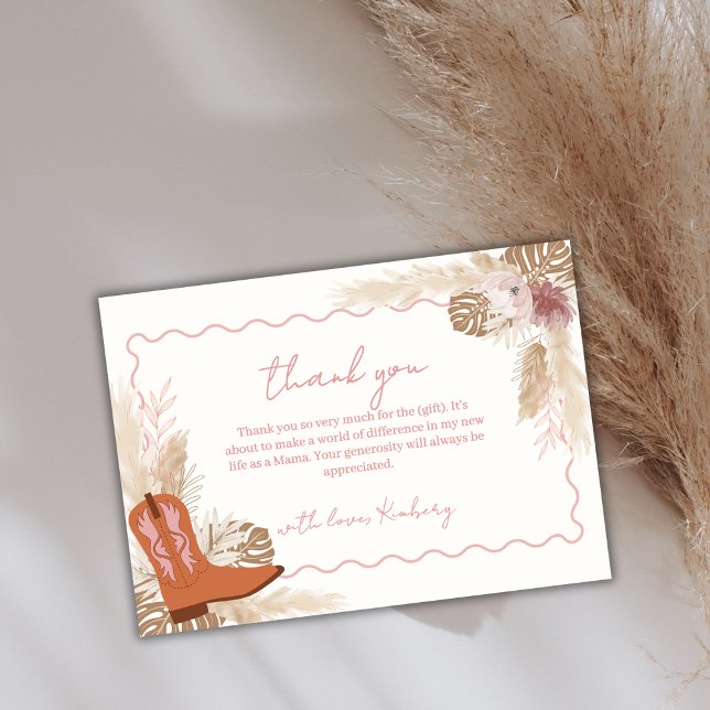 Carte De Remerciements Elégant Boho Cowgirl Bottes Baby shower Pampas (Elegant Boho Cowgirl Boots Pampas Baby Shower Thank You Card)