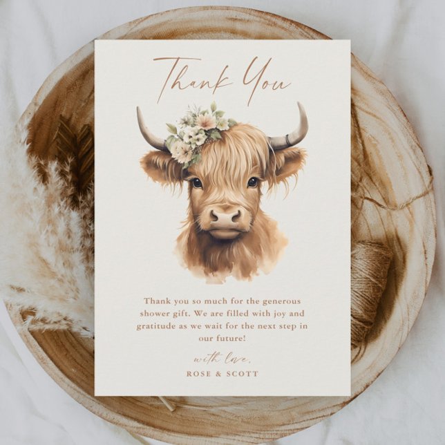 Carte De Remerciements Elegant Boho Highland Fête des mariées de vache (Elegant boho highland cow bridal shower thank you card.)