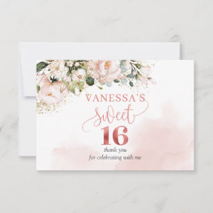 Carte De Remerciements Elégant boho rose or floral 16e fête d'anniversair