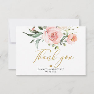 Carte De Remerciements Elégant boho rose pâle pêche police or floral