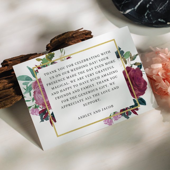 Carte De Remerciements Elégant bordeaux / jardin à vin mariage floral (Créateur téléchargé)