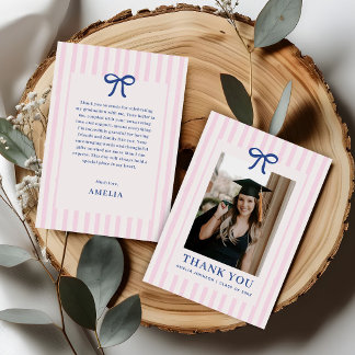 Carte De Remerciements Elegant Bow Pink Striped Photo Graduation