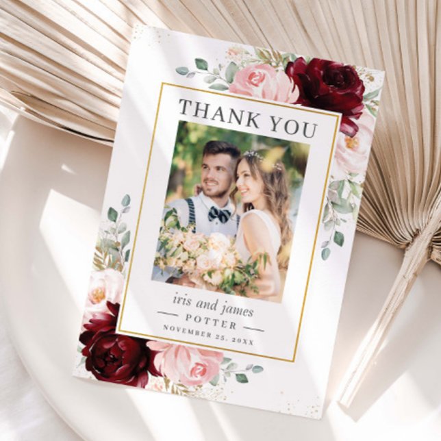 Carte De Remerciements Élégant Burgundy Blush Floral Photo Mariage (Créateur téléchargé)