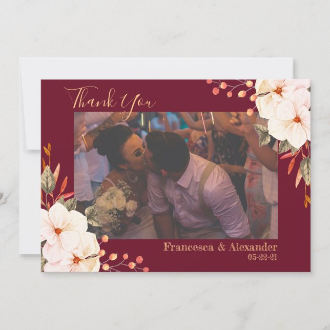 Carte De Remerciements Élégant Burgundy Blush Orange Floral (Devant)