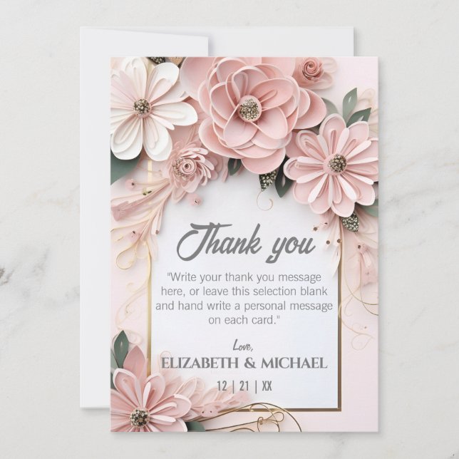 Carte De Remerciements Elégant cadre de découpage papier Mariage floral P (Devant)