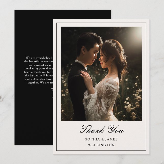 Carte De Remerciements Élégant cadre noir Calligraphie Mariage photo (Devant / Derrière)