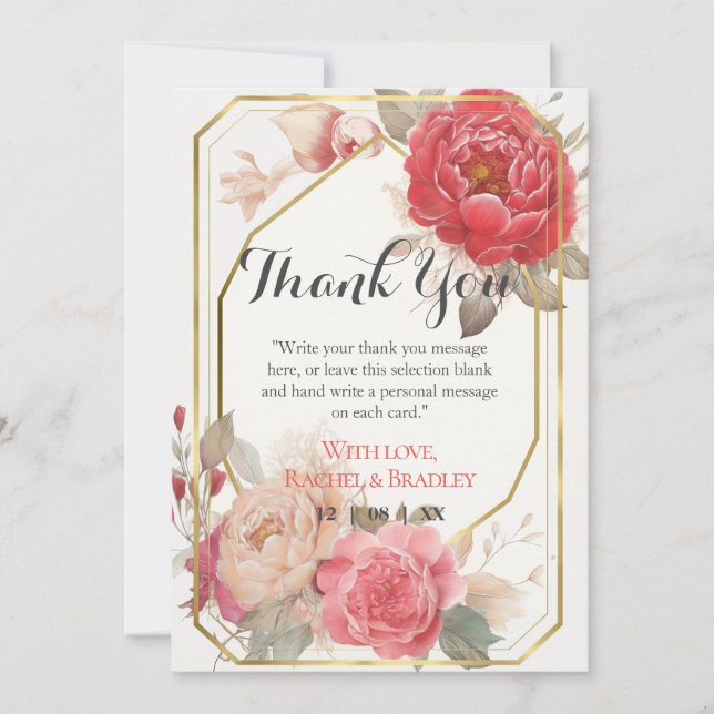 Carte De Remerciements Elégant cadre rose rose rose Peony Mariage or (Devant)