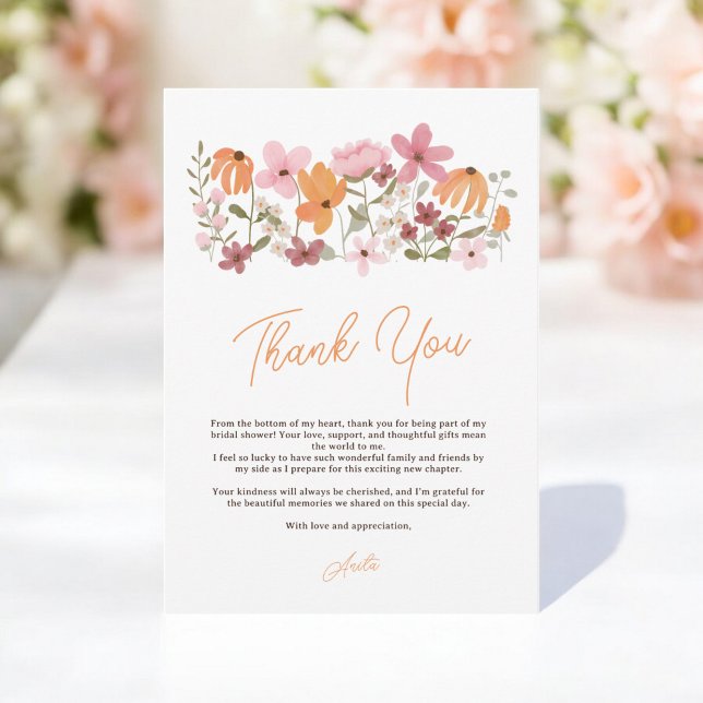 Carte De Remerciements Elégant chic boho meadow fleur sauvage douche de n (Elegant chic boho meadow wildflower bridal shower thank you card)
