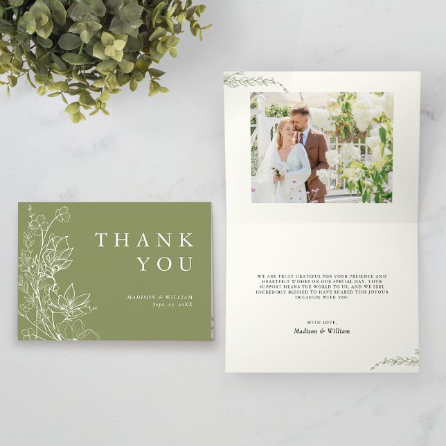 Carte De Remerciements Élégant Chic Botanique Moss Green Photo Mariage (Créateur téléchargé)