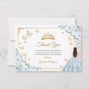 Carte De Remerciements Élégant Chic Fleurs Bleu Bébé Or Quinceanera