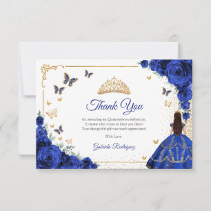 Carte De Remerciements Élégant Chic Fleurs de Quinceanera Bleu Royal Or