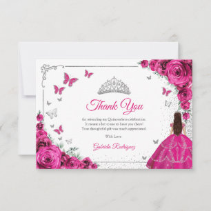 Carte De Remerciements Élégant Chic Roses Fuchsia Rose Argent Quinceanera