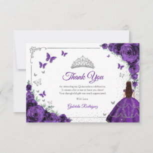 Carte De Remerciements Élégant Chic Roses Violettes Quinceanera Argent