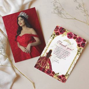 Carte De Remerciements Elégant Chic Rouge Floral Photo Quinceañera