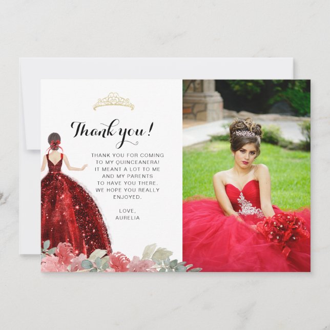 Carte De Remerciements Elégant Chic Ruby Rouge Floral Geométrique Quincea (Devant)