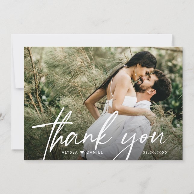 Carte De Remerciements Élégant Chic Script Heart Mariage Photo personnali (Devant)