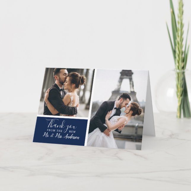 Carte De Remerciements Elegant Classic Navy 2 Photo Collage Mariage (Devant)