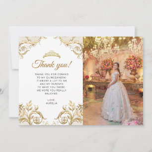 Carte De Remerciements Elégant classique blanc or photo Quinceañera
