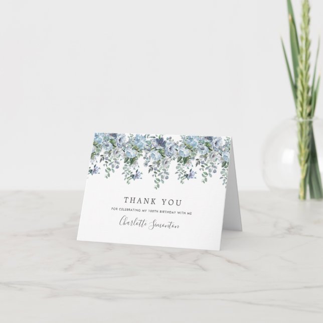 Carte De Remerciements Elégant classique Dusty bleu floral 100e anniversa (Devant)