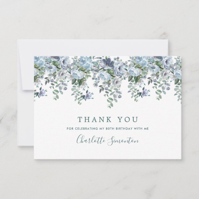 Carte De Remerciements Elégant classique Dusty bleu floral 80e anniversai (Devant)