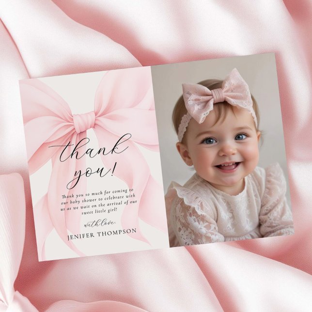 Carte De Remerciements Elégant Coquette Rose Bow Girl Baby shower photo (Créateur téléchargé)