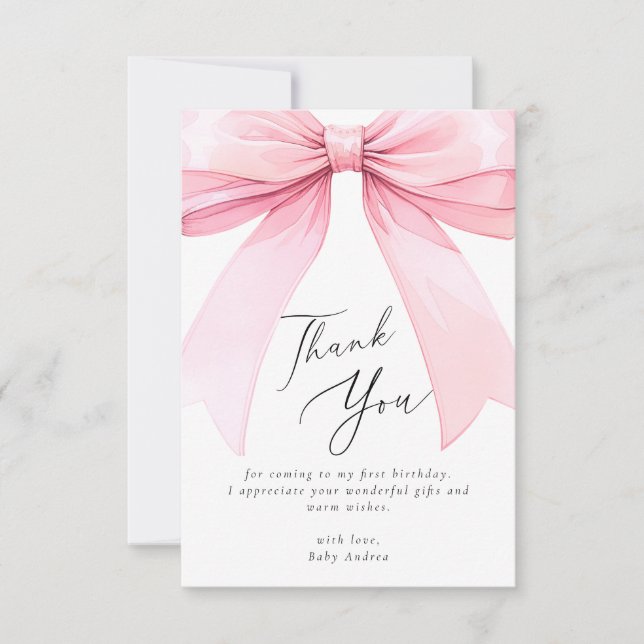 Carte De Remerciements Elégant Coquette Rose Bow Premier anniversaire (Devant)