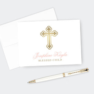 Carte De Remerciements Élégant Croix d'or rose bébé fille Baptême