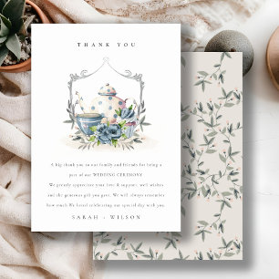 Carte De Remerciements Elégant Cute Aqua Blue Floral Teapot Crest Mariage