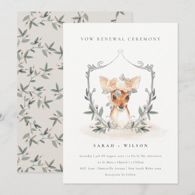 Carte De Remerciements Élégant Cute Deer Floral Crest Vow Renouvellement  (Devant / Derrière)