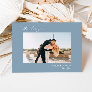 Carte De Remerciements Elégant Dusty Blue Script Heart Photo Mariage