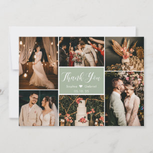 Carte De Remerciements Élégant Dusty Green 6 Photo Collage Mariage