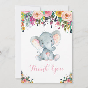 Carte De Remerciements Élégant Éléphant Floral Bébé Fille Rose et Gris