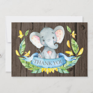 Carte De Remerciements Élégant Éléphant Rustique Bébé Garçon Bleu et Gris